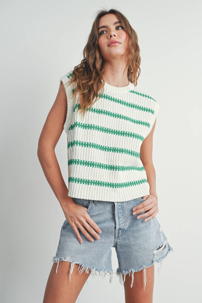 Crew Neck Striped Knit Tank Top