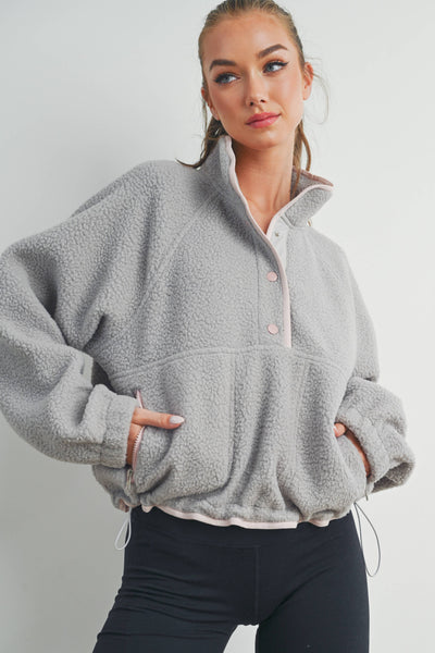 Fleece Button Front Side Pocket Long Sleeve Top