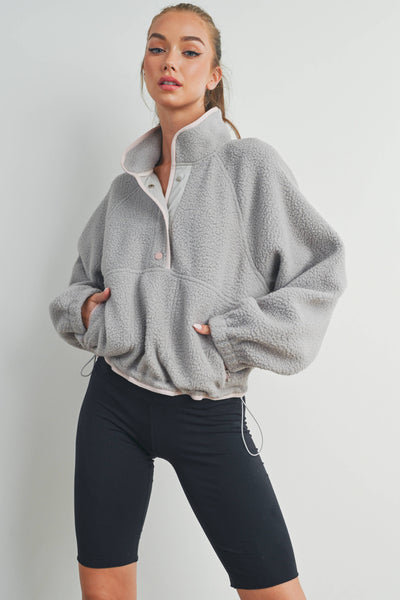 Fleece Button Front Side Pocket Long Sleeve Top