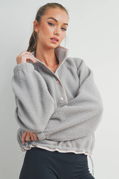 Fleece Button Front Side Pocket Long Sleeve Top