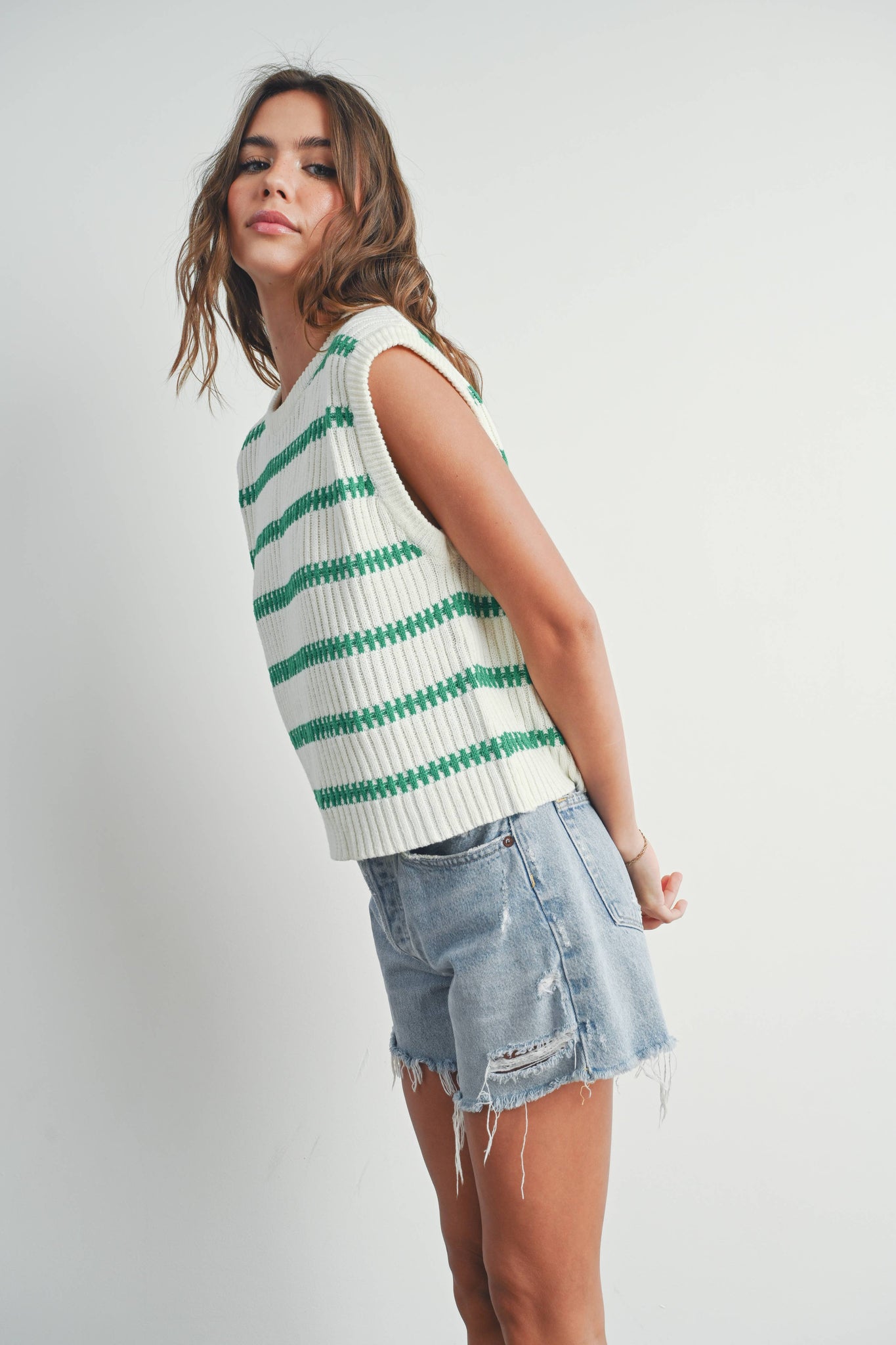 Crew Neck Striped Knit Tank Top