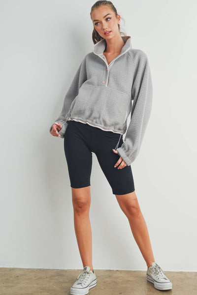 Fleece Button Front Side Pocket Long Sleeve Top