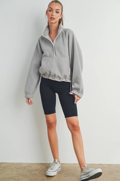 Fleece Button Front Side Pocket Long Sleeve Top
