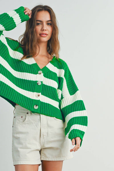 Striped V-Neck Cardigan with Buttons