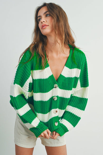 Striped V-Neck Cardigan with Buttons